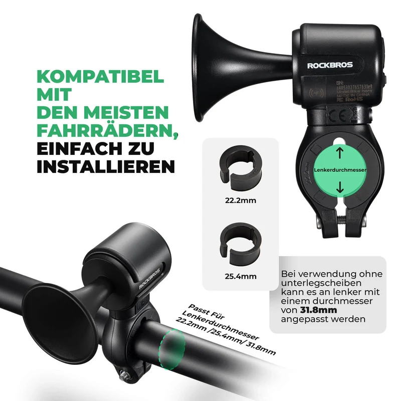 ROCKBROS Fahrradklingel Elektrisch 120dB Ton IPX5 Wasserschutz Smartphone Tracking