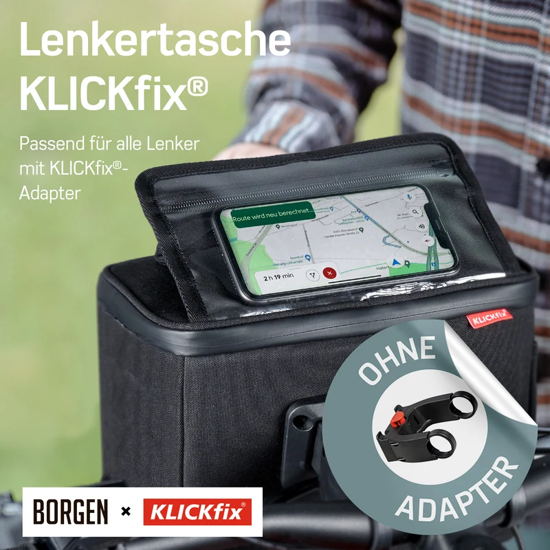 Borgen Lenkertasche mit Handyhalterung – Lenkertasche mit KLICKFix Halterung | Schwarz Muster