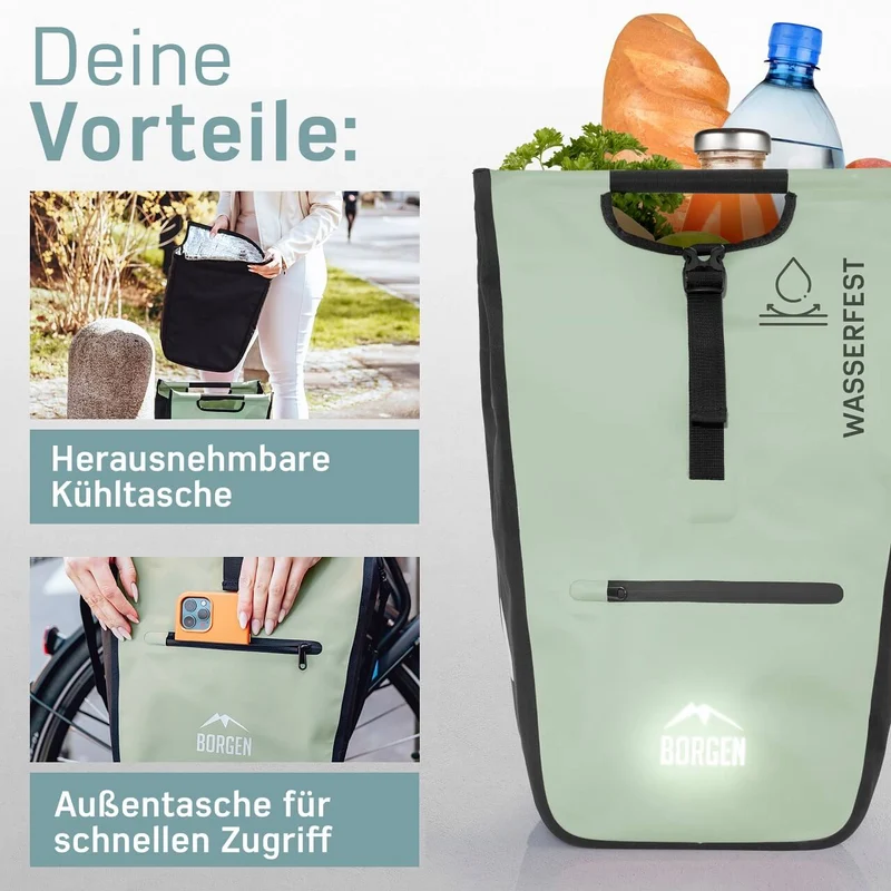 Fahrradtasche hinten – Fahrradtasche hinten abnehmbar | Mit Kühltasche | Grün