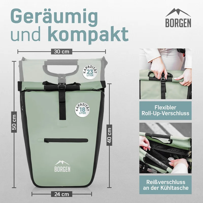 Fahrradtasche hinten – Fahrradtasche hinten abnehmbar | Mit Kühltasche | Grün