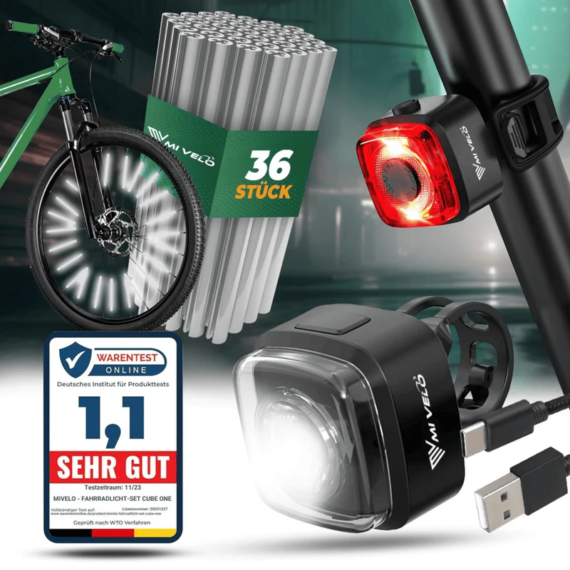Fahrradlicht Set "CUBE" 30 Lux + Speichenreflektoren