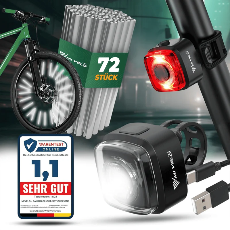 Fahrradlicht Set "CUBE" 30 Lux + Speichenreflektoren