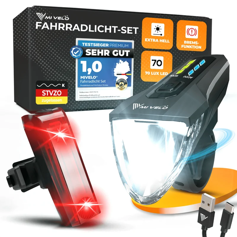 Fahrradlicht Set 70Lux mit Bremslicht