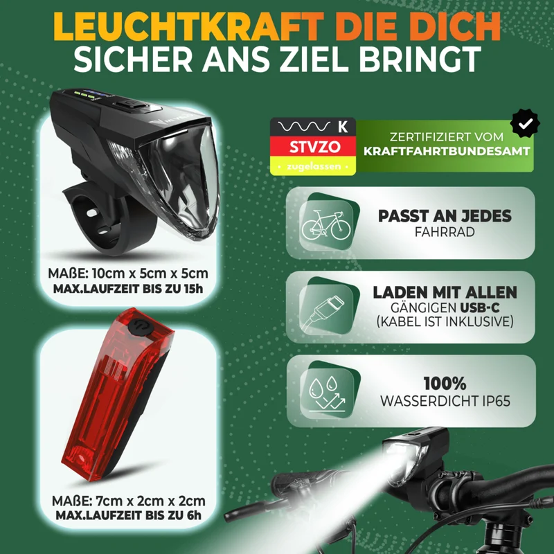 Fahrradlicht Set 70Lux mit Bremslicht