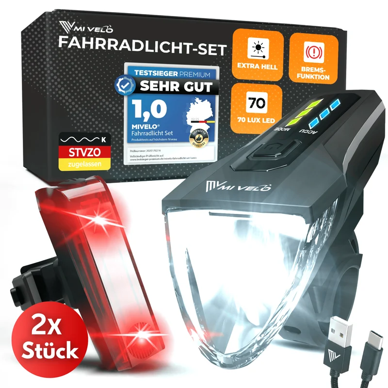 Fahrradlicht Set 70Lux mit Bremslicht