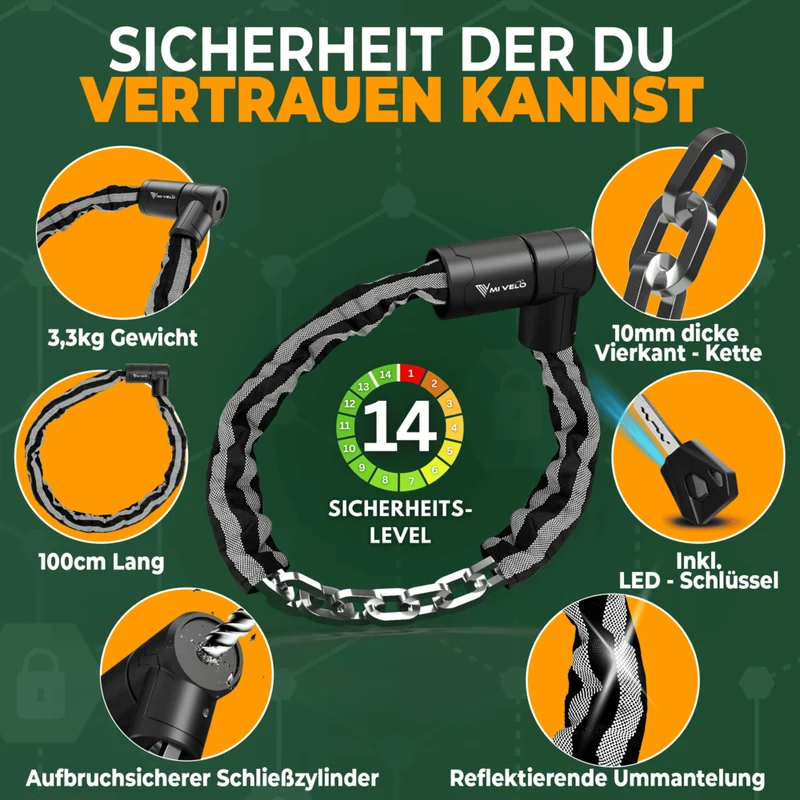 Robustes Kettenschloss für Motorrad & Fahrrad 100/120cm "KRONOS"