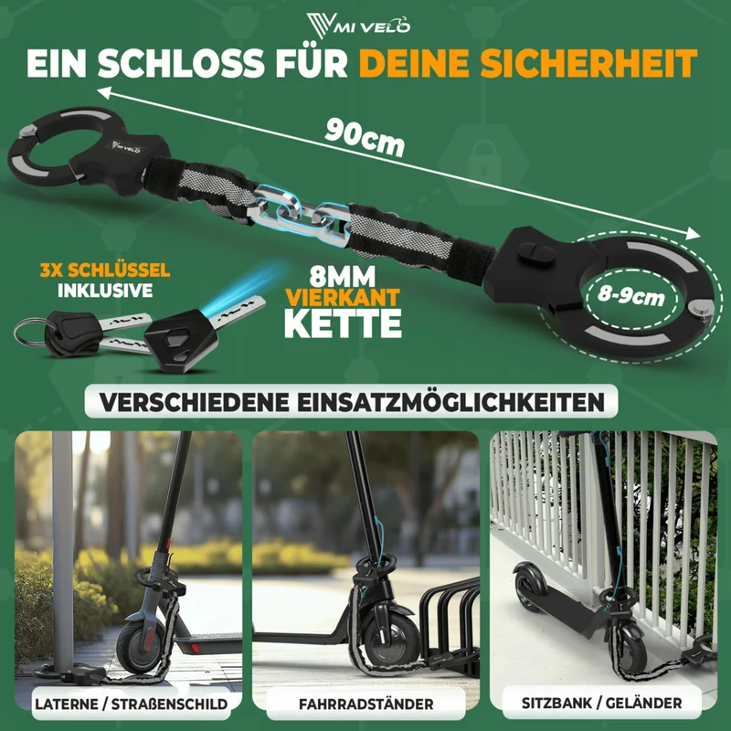 Handschellenschloss für E-Scooter mit Vierkant-Kette 90cm