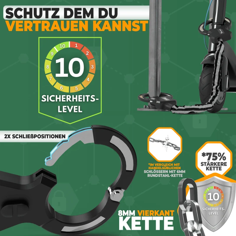 Handschellenschloss für E-Scooter mit Vierkant-Kette 90cm