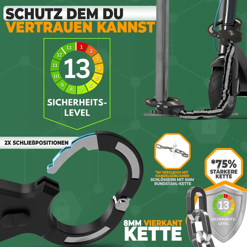 Handschellenschloss für E-Scooter mit Vierkant-Kette 90cm
