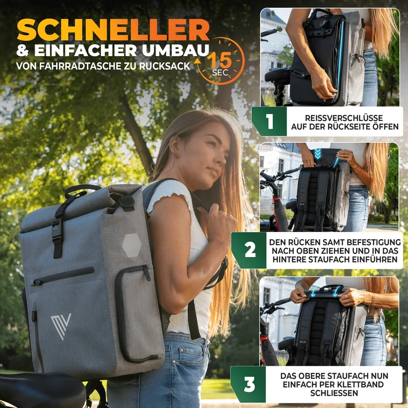 Fahrradtasche & bequemer Rucksack kombiniert 25L „EVO“
