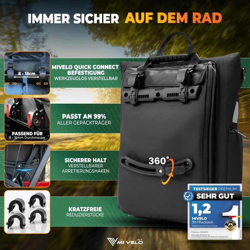 Fahrradtasche & bequemer Rucksack kombiniert 25L „EVO“