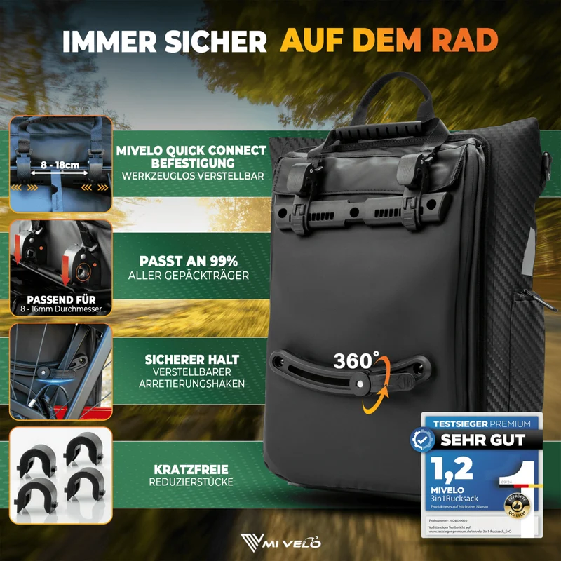 Fahrradtasche & bequemer Rucksack kombiniert 25L „EVO“