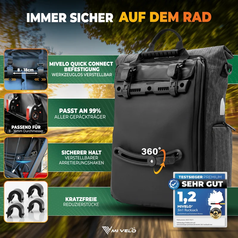 Fahrradtasche & bequemer Rucksack kombiniert 25L „EVO“