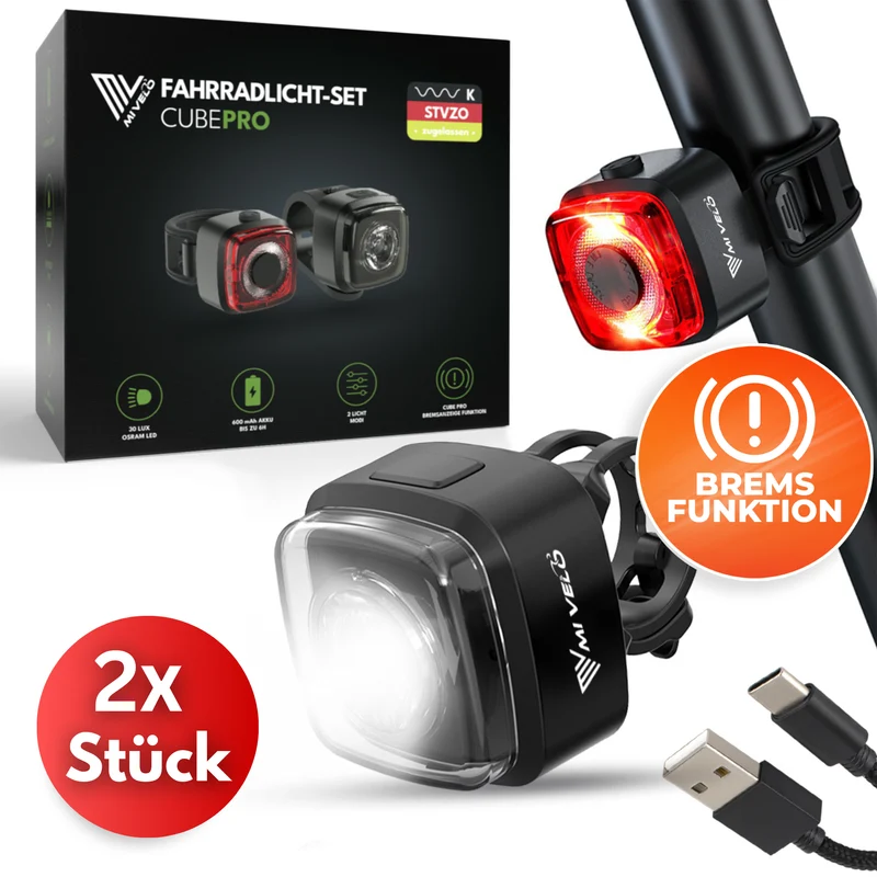 Fahrradlicht Set 30Lux mit Bremslicht „CUBE PRO“