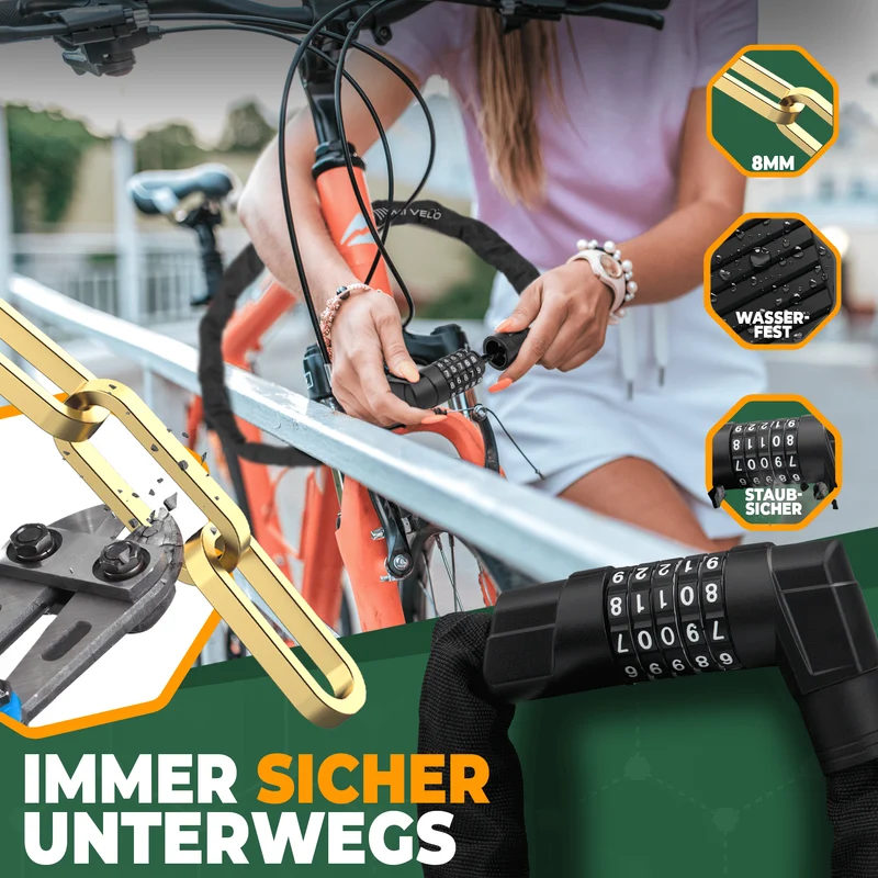 Fahrradschloss mit Vierkant-Kette & Zahlencode 85/100cm