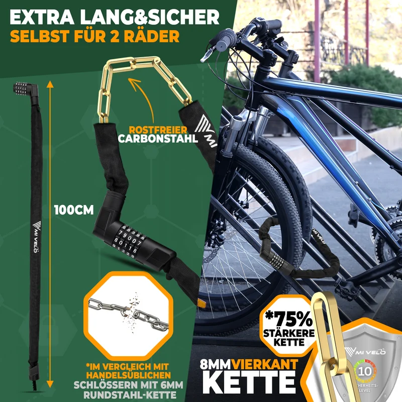 Fahrradschloss mit Vierkant-Kette & Zahlencode 85/100cm