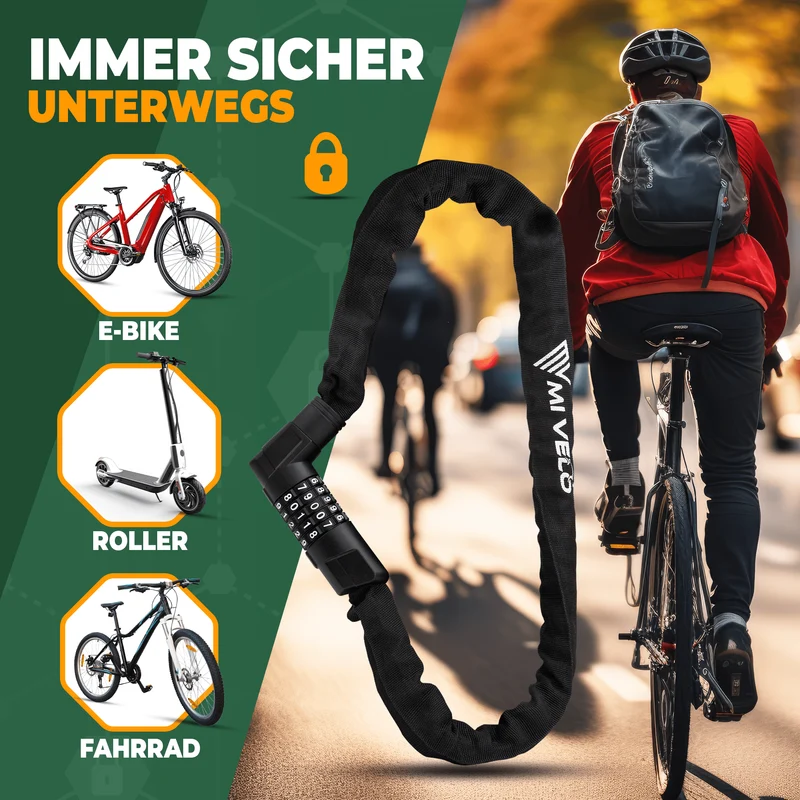 Fahrradschloss mit Vierkant-Kette & Zahlencode 85/100cm