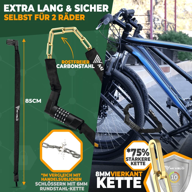 Fahrradschloss mit Vierkant-Kette & Zahlencode 85/100cm