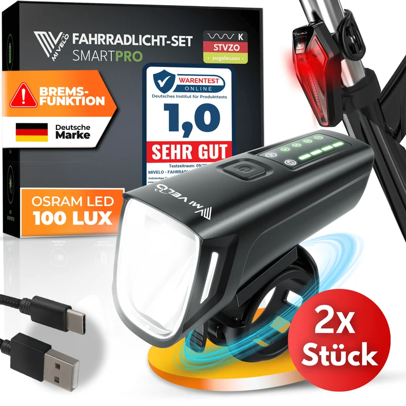 Fahrradlicht Set 100Lux mit Bremslicht „SMART PRO“
