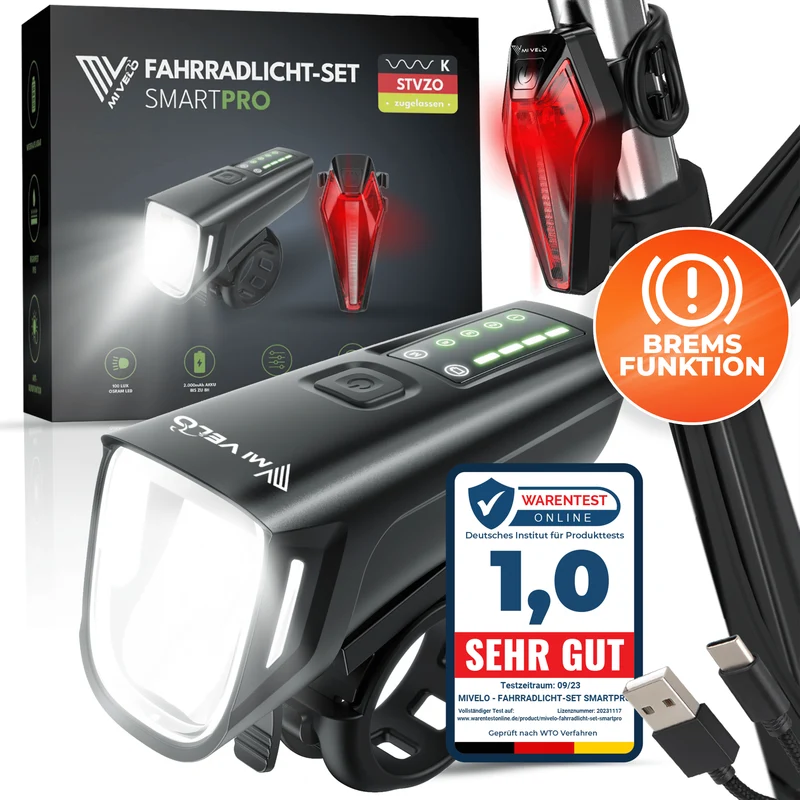 Fahrradlicht Set 100Lux mit Bremslicht „SMART PRO“