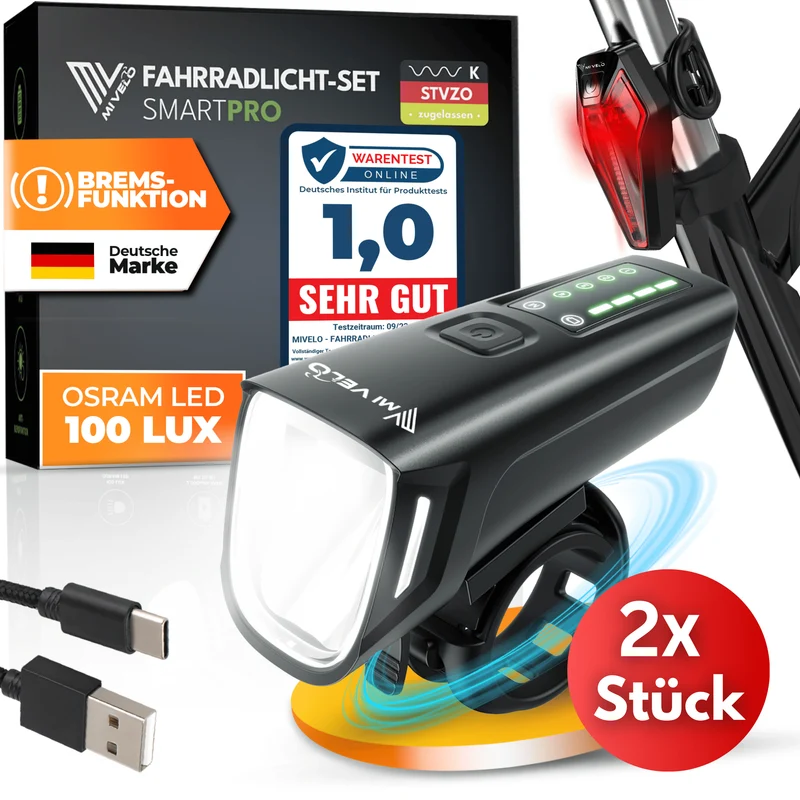 Fahrradlicht Set 100Lux mit Bremslicht „SMART PRO“