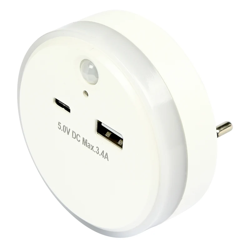 Nachtlicht USB-A und USB-C mit Tag/Nacht + PIR-Sensor – Eingang 230V - 50 Hz, 230V