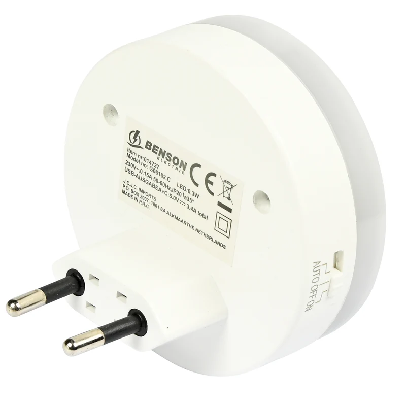 Nachtlicht USB-A und USB-C mit Tag/Nacht + PIR-Sensor – Eingang 230V - 50 Hz, 230V
