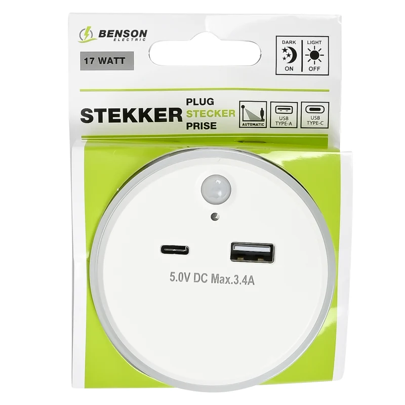 Nachtlicht USB-A und USB-C mit Tag/Nacht + PIR-Sensor – Eingang 230V - 50 Hz, 230V