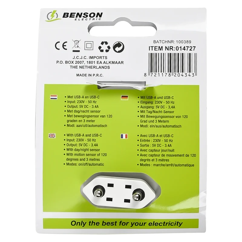 Nachtlicht USB-A und USB-C mit Tag/Nacht + PIR-Sensor – Eingang 230V - 50 Hz, 230V