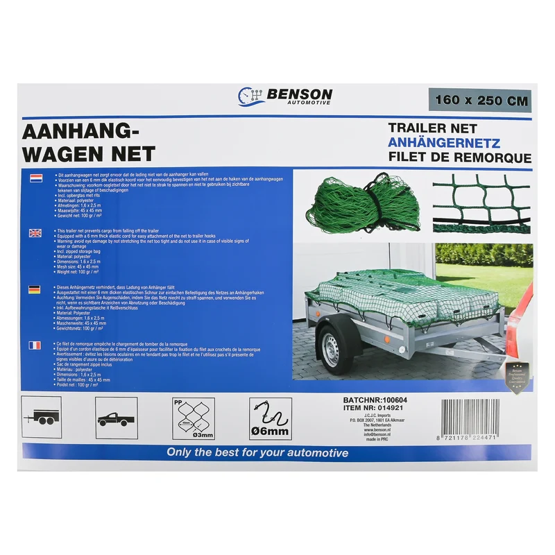 Anhängernetz 1,6 x 2,5 m in Tasche – Material Polyester, Abmessungen 1,6 x 2,5 m