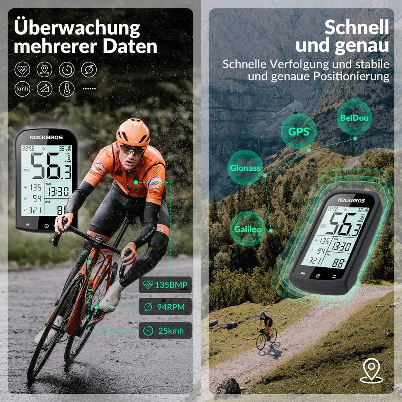 ROCKBROS Fahrradcomputer Kabellos GPS wasserdicht Tachometer und Kilometerzähler