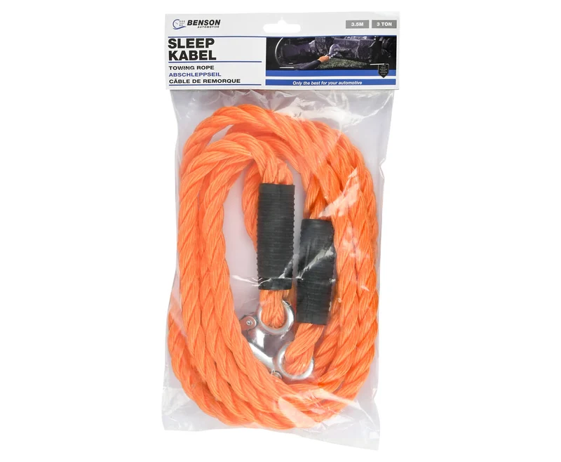 Abschleppseil 3 Tonnen Orange, 3,5 m, 18 mm, mit Sicherheitshaken für Autos