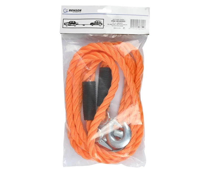 Abschleppseil 3 Tonnen Orange, 3,5 m, 18 mm, mit Sicherheitshaken für Autos