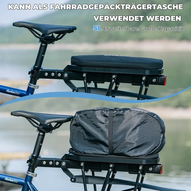 Farradtasche Erweiterbar Gepäckträgertasche bis zu 5L, mit Schwamm kann als Fahrradsattel