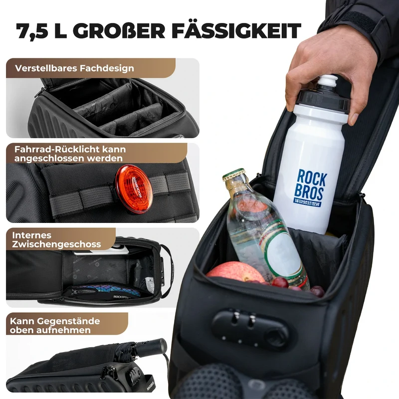 Fahrrad Gepäckträgertasche 7,5L mit doppelt gesichertem Zahlenschloss