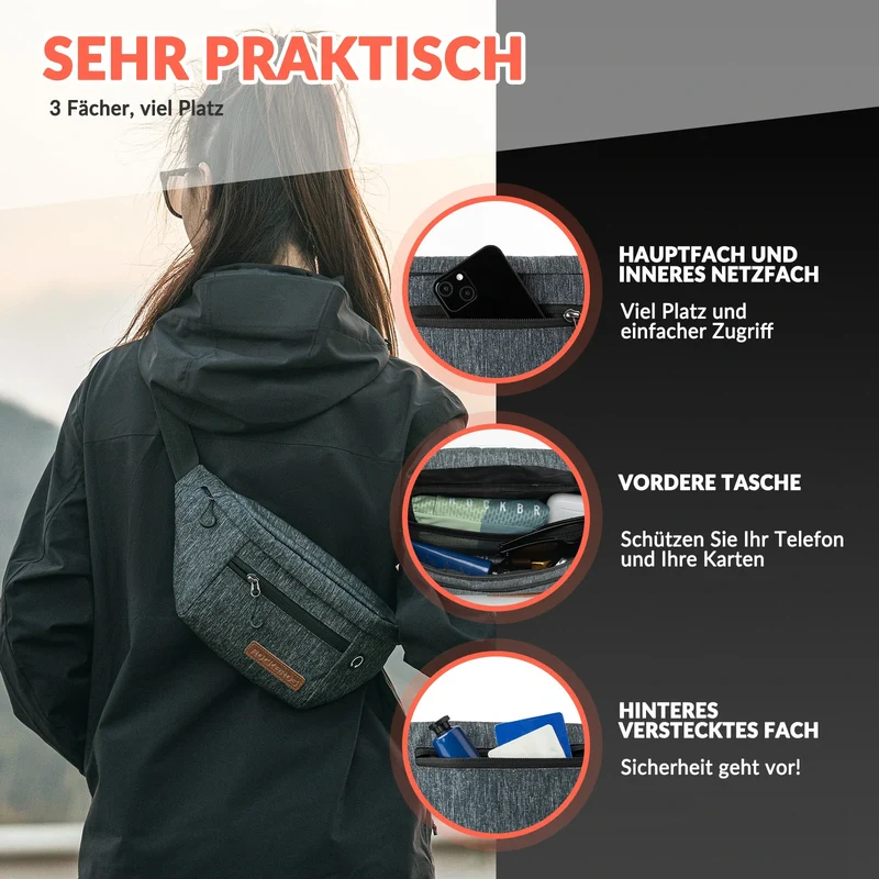 Bauchtasche 1,5L Gürteltasche mit Verstellbarem Gürtel Hüfttasche