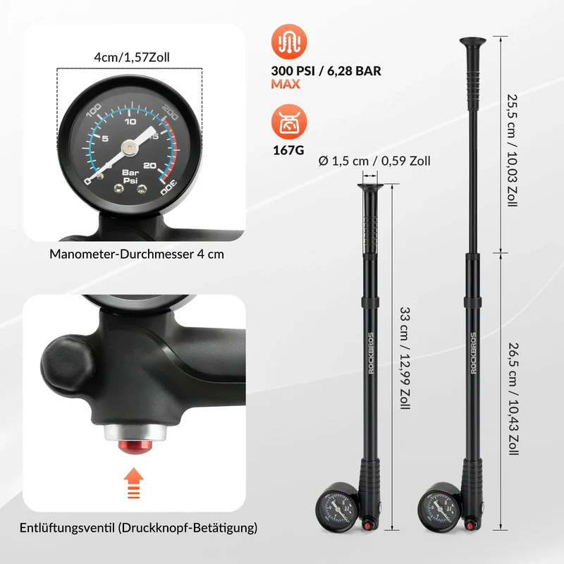 Fahrradpumpe für Gabel, Reifen und Dämpfer, Hochdruck 300 PSI