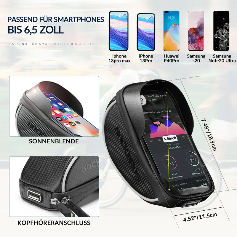 Fahrrad Lenkertasche Fahrradtasche Lenker wasserdichte Handyhalterung für Smartphone bis zu 6.5 Zoll Empfindlicher Touchscreen