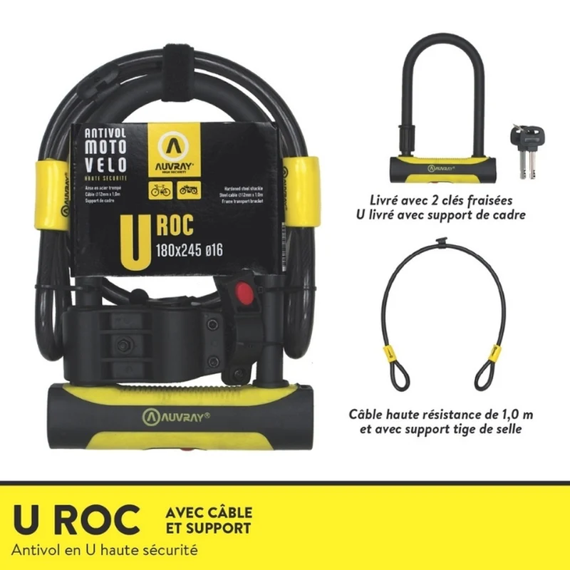 Antivol velo U 2-en-1 Auvray U ROC avec antivol câble et support de fixation