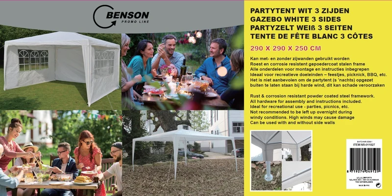 Party-Pavillon 3 Seiten 290 x 290 x 245 cm – Maße 290 x 290 x 245 cm, Material 90 g/m² PE