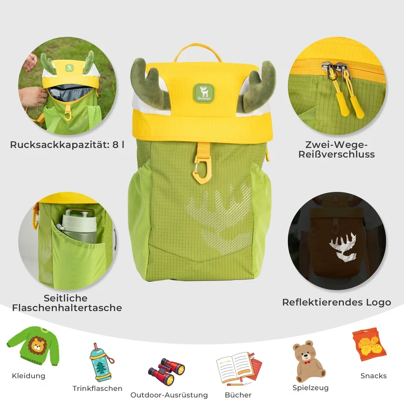 Qunature Kinderrucksack 8L mit Hirsch-Design Wasserdicht 6-10 Jahre