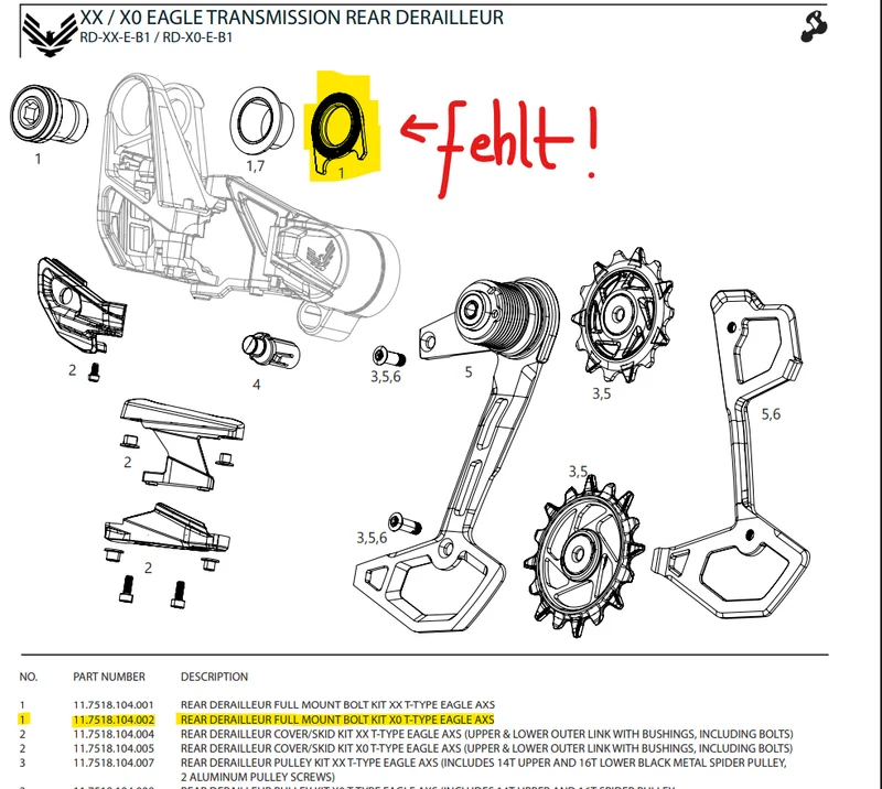 SRAM X0 Eagle Transmission AXS Schaltwerk | 12-fach | kabellos | T-Type | silbernes Plättchen fehlt