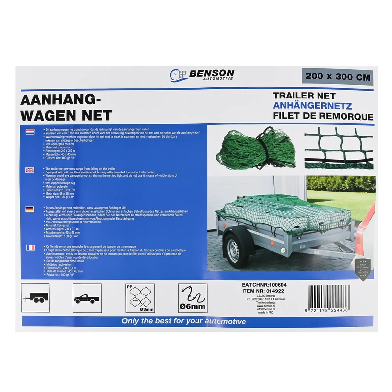 Anhängernetz 2,0 x 3,0 m in Tasche – Material Polyester, Abmessungen 2,0 x 3,0 m