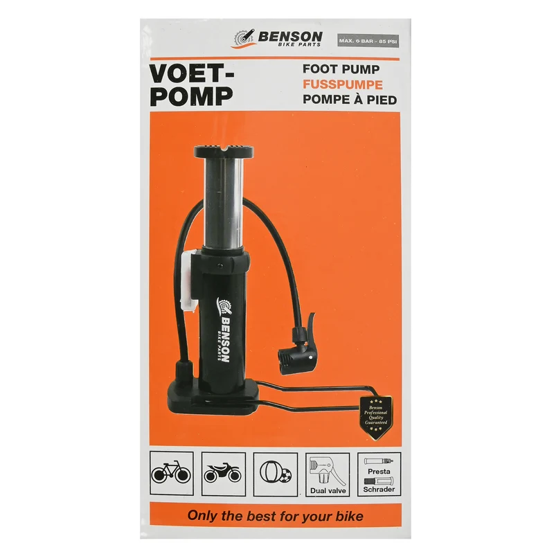 Fußpumpe – Schlauchlänge ca. 40 cm, Druck max. 6 bar / 85 PSI, Gewicht ca. 310 g