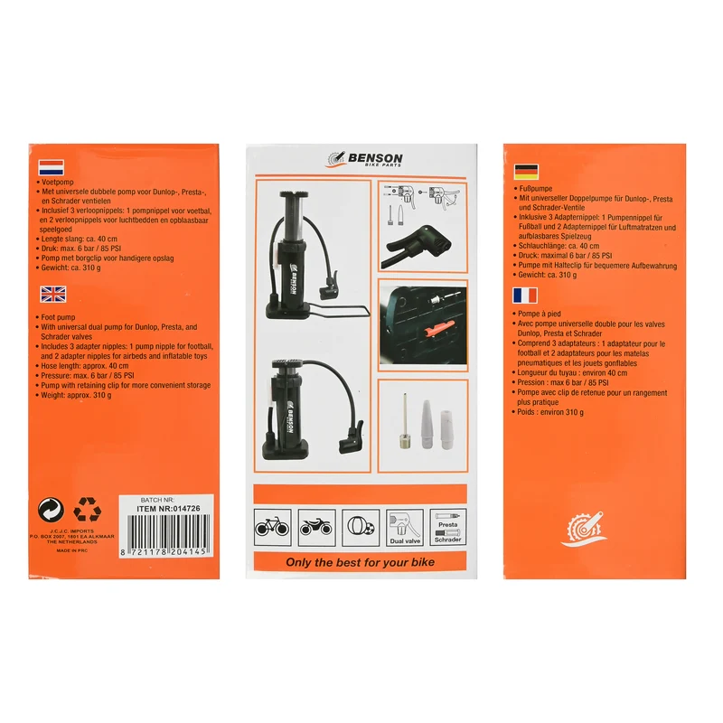Fußpumpe – Schlauchlänge ca. 40 cm, Druck max. 6 bar / 85 PSI, Gewicht ca. 310 g