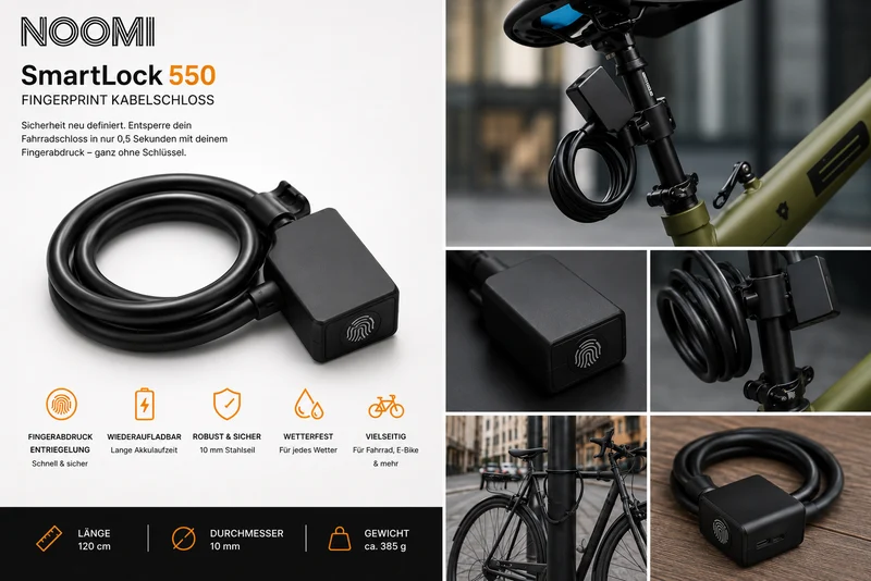 NooMii 550 Fingerabdruck-Fahrradschloss – Smartes Kabelschloss mit Fingerprint-Sensor & App-Steuerung