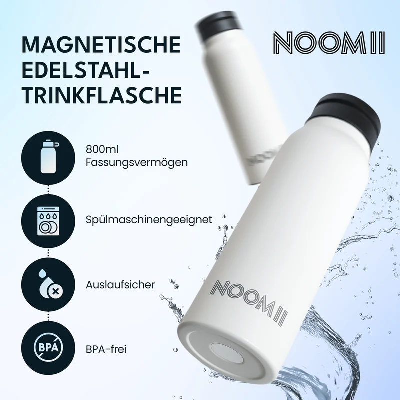 NooMii Edelstahl-Trinkflasche 800 ml – Magnetdeckel & Handyhalter