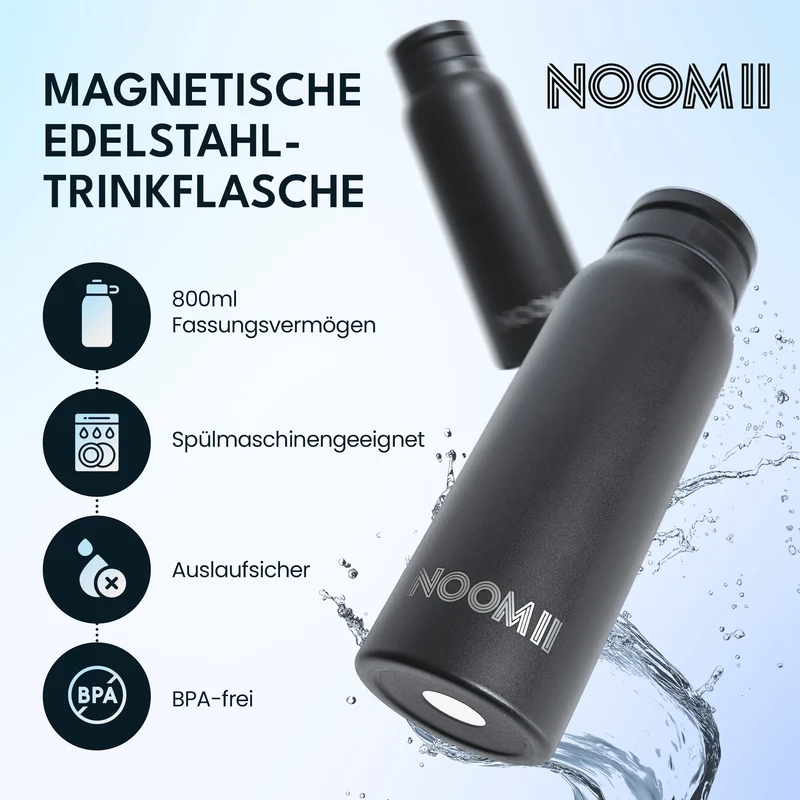 NooMii Edelstahl-Trinkflasche 800 ml – Magnetdeckel & Handyhalter