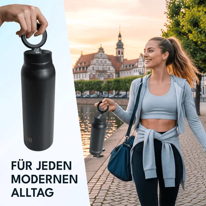 NooMii Edelstahl-Trinkflasche 800 ml – Magnetdeckel & Handyhalter