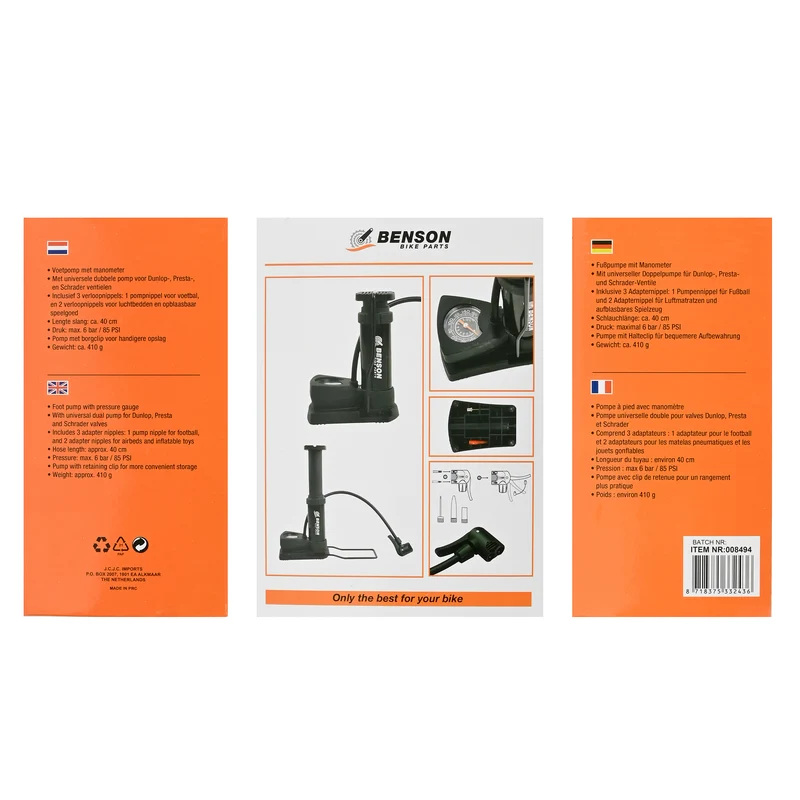 Fußluftpumpe mit Manometer – Schlauchlänge ca. 40 cm, Druck max. 6 bar / 85 PSI, 40 cm